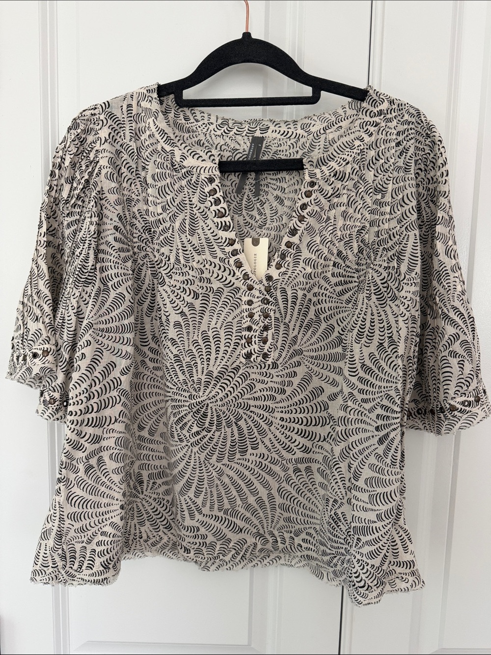 Anthropologie Cream Blouse with Black Swirl Print